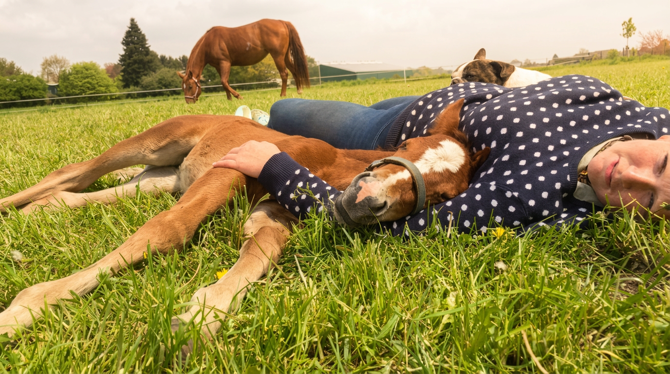 Innige Momente mit unserem Fohlen auf der Weide – im Hintergrund grasendes Pferd und Hofhund auf der Brücker Mühle