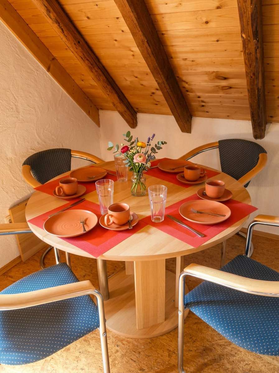 Essecke im Schwalbennest mit rundem Holztisch unter dem Holzbalken-Dach