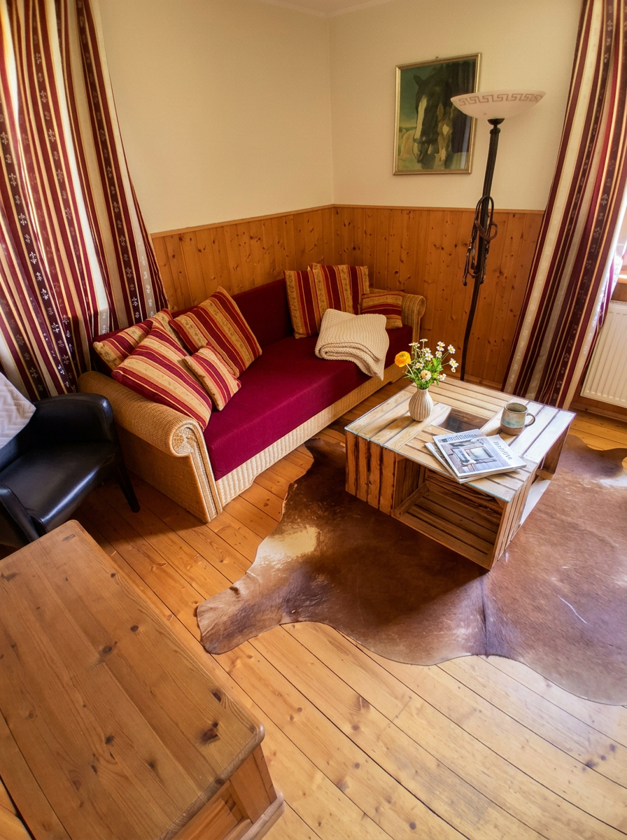 Wohnzimmer der Western-Wohnung mit Sofa, Kissen, Pferdebild und Kuhfell-Teppich