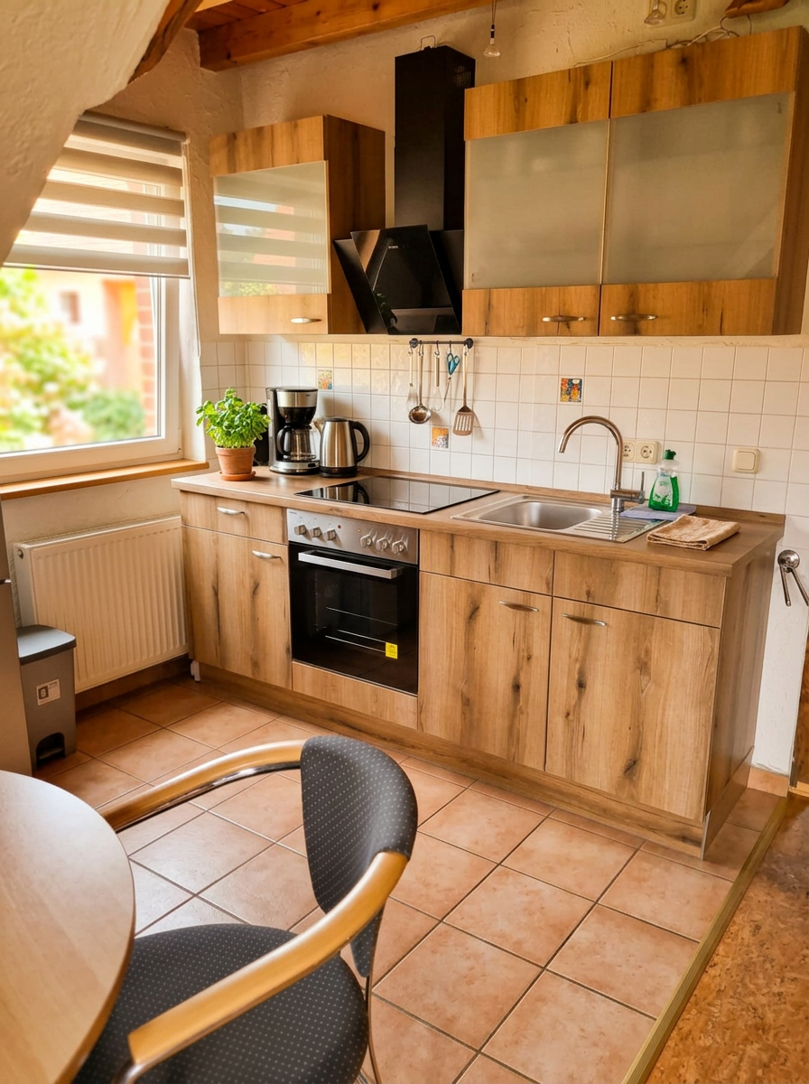 Küche im Schwalbennest mit Kochfeld, Backofen, Spüle und Kaffeemaschine