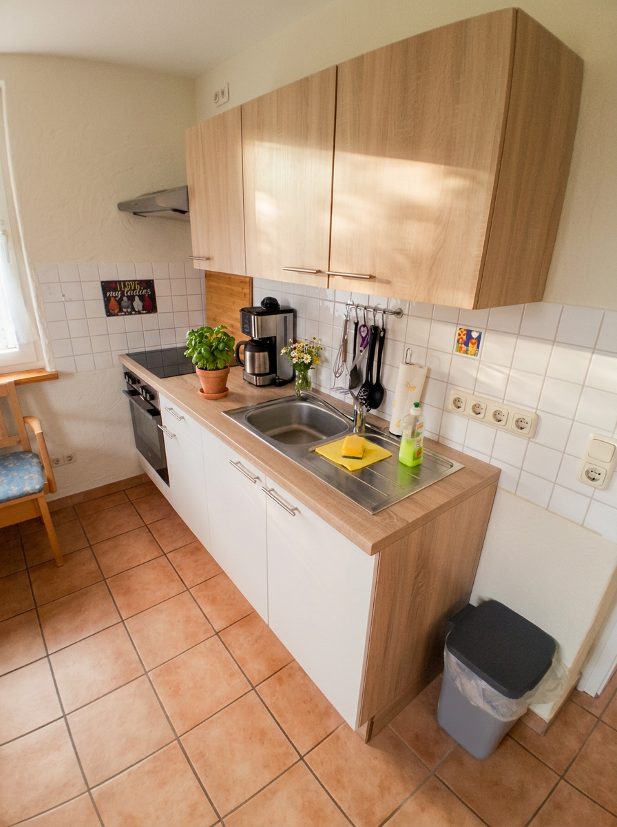 Küche im Hühnerstall mit Kochfeld, Spüle und Kaffeemaschine