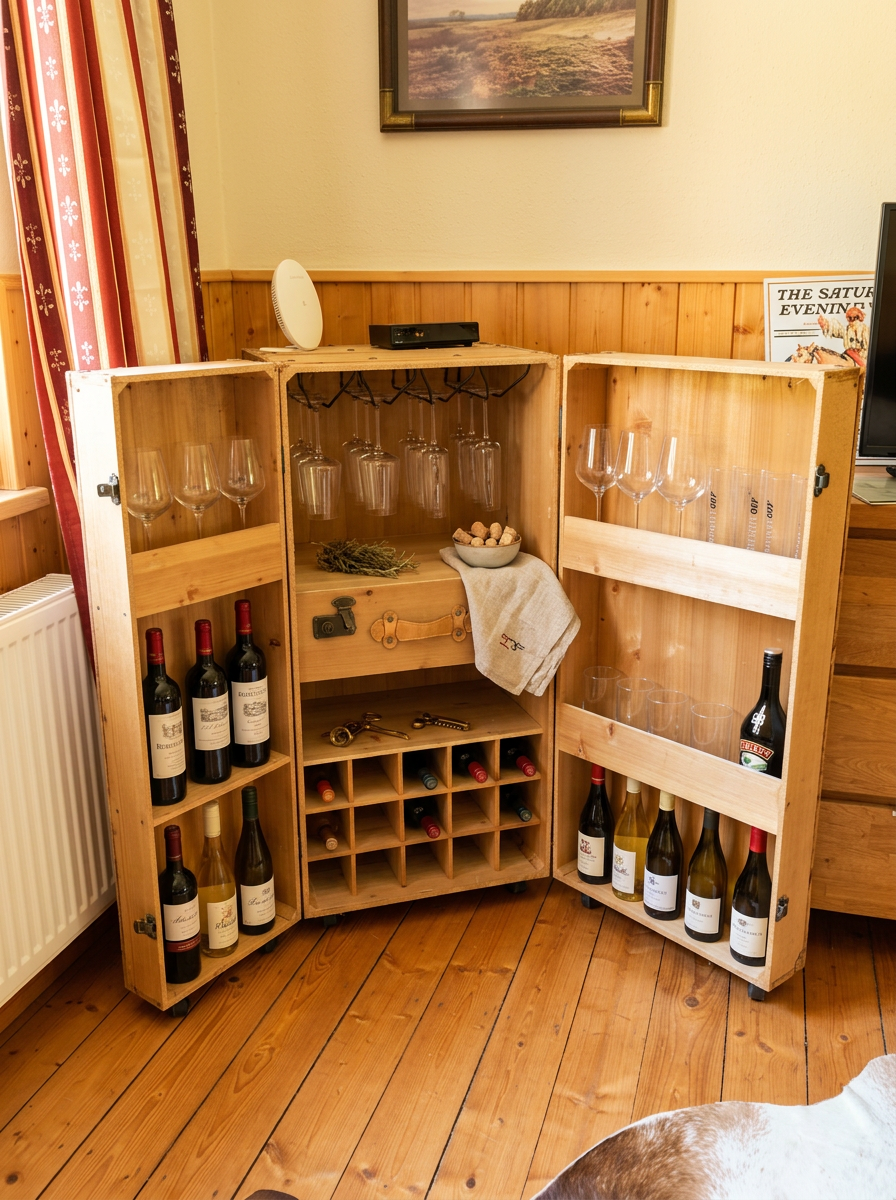 Uriger Koffer-Bar der Western-Wohnung mit Weinflaschen und Gläsern