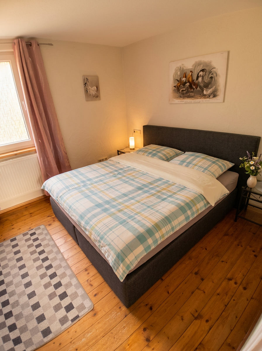 Schlafzimmer im Hühnerstall mit Doppelbett und warmem Licht