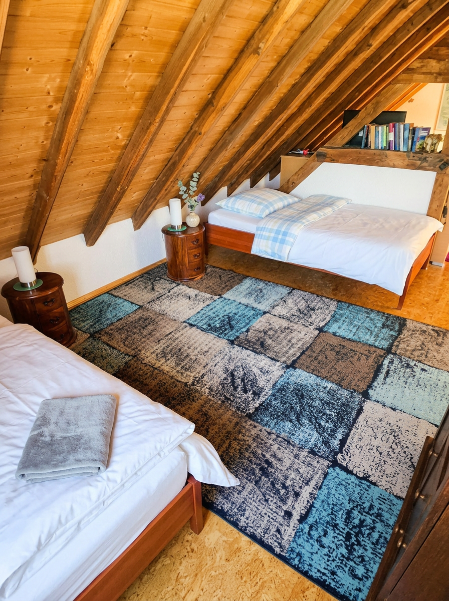 Schlafbereich im Schwalbennest mit zwei frisch bezogenen Betten unterm Holzdach
