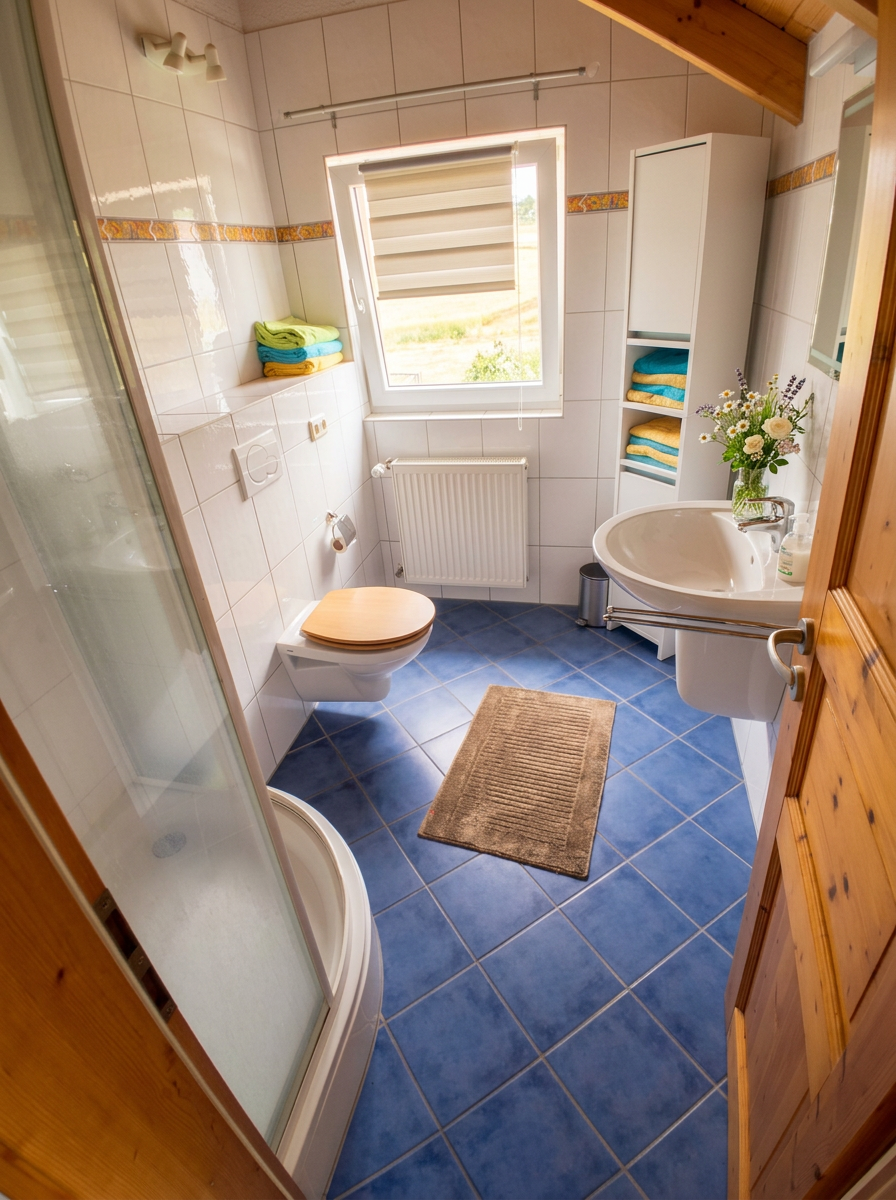 Badezimmer im Schwalbennest mit Dusche, Waschbecken und frischen Blumen