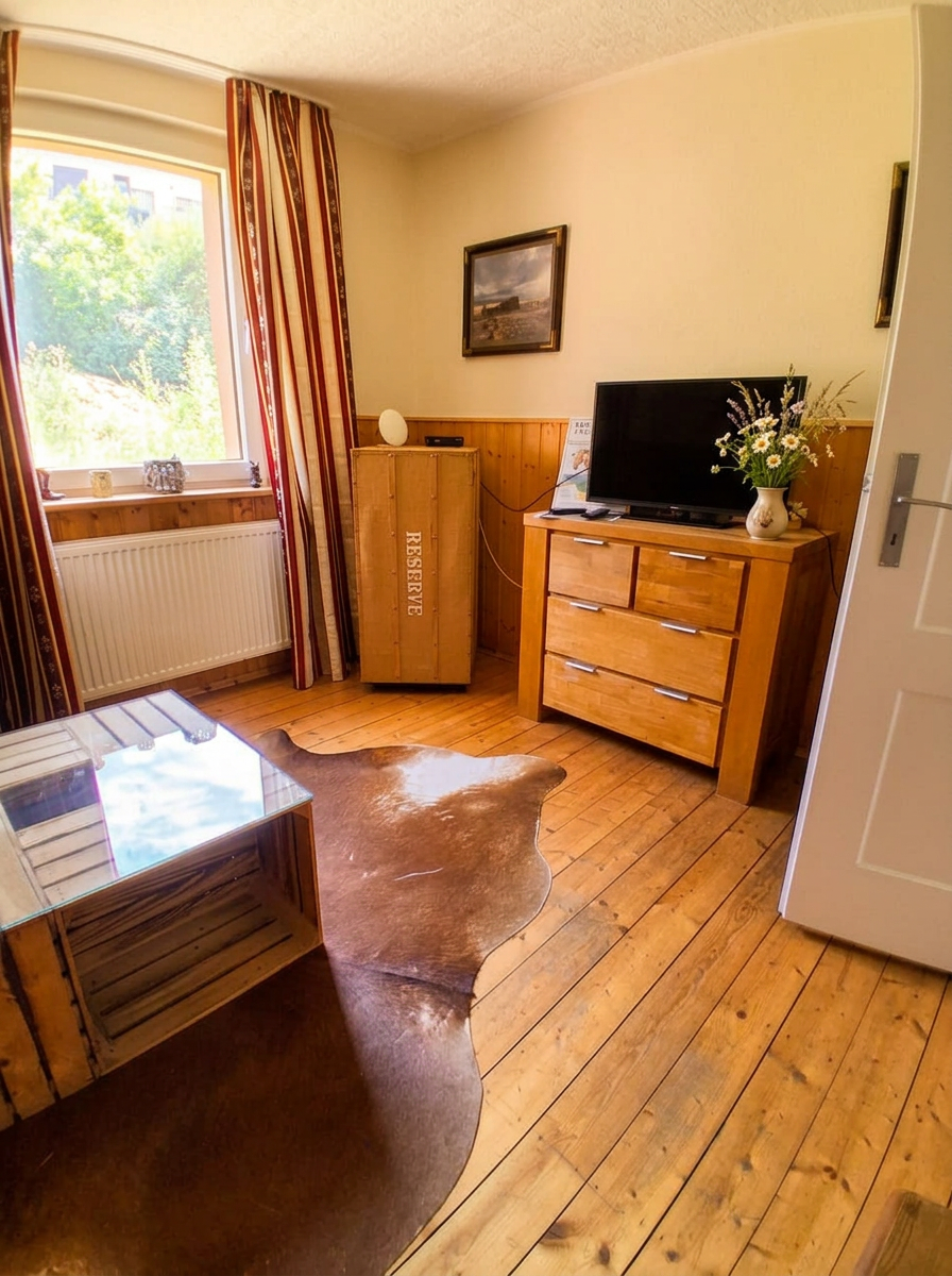 Wohnbereich der Western-Wohnung mit TV, Kommode und frischen Blumen