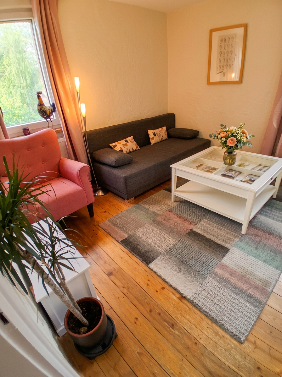 Wohnzimmer im Hühnerstall mit Sofa, Sessel und Couchtisch
