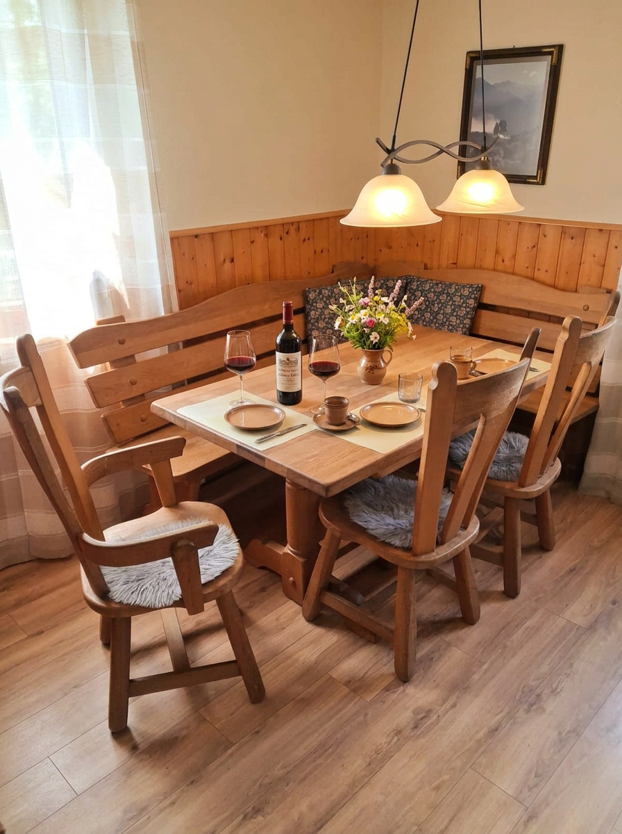Essecke der Western-Wohnung mit Eckbank, gedecktem Tisch und Wein