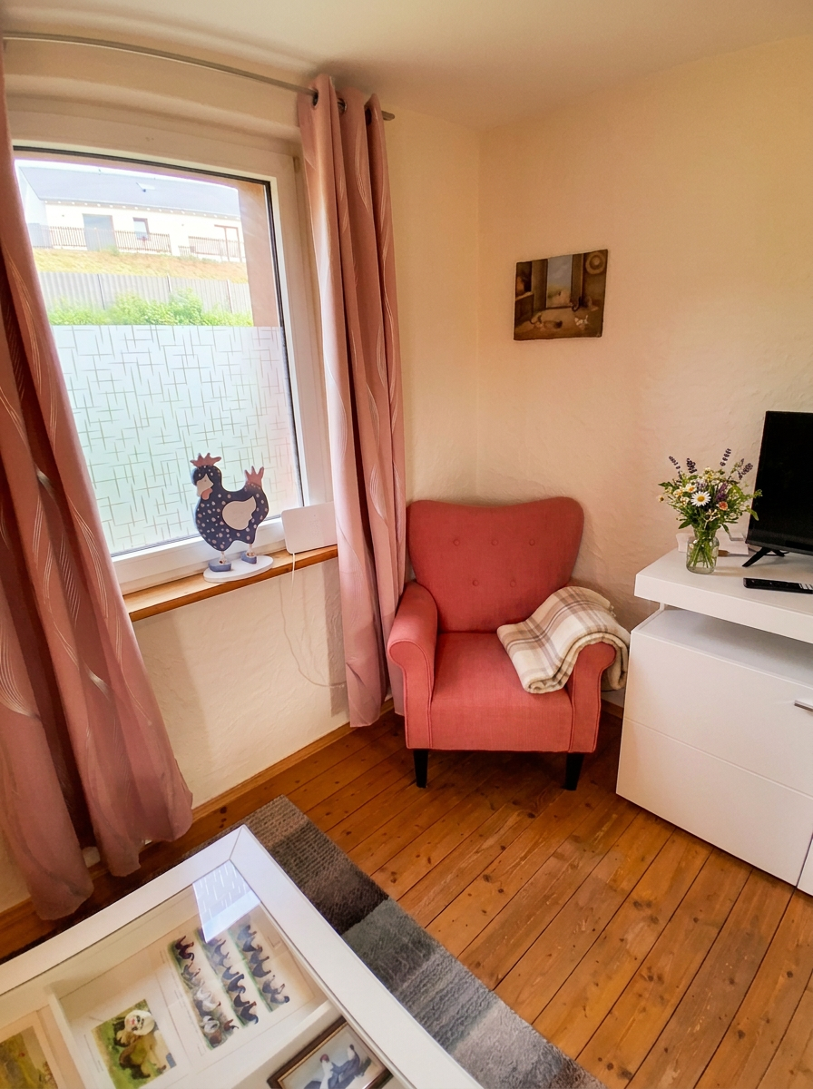 Leseecke im Hühnerstall mit gemütlichem Sessel und TV