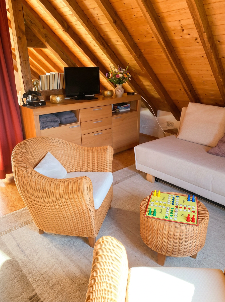 Wohnecke im Schwalbennest mit Korbstühlen, hellem Sofa und Gesellschaftsspiel unter dem Holzdach