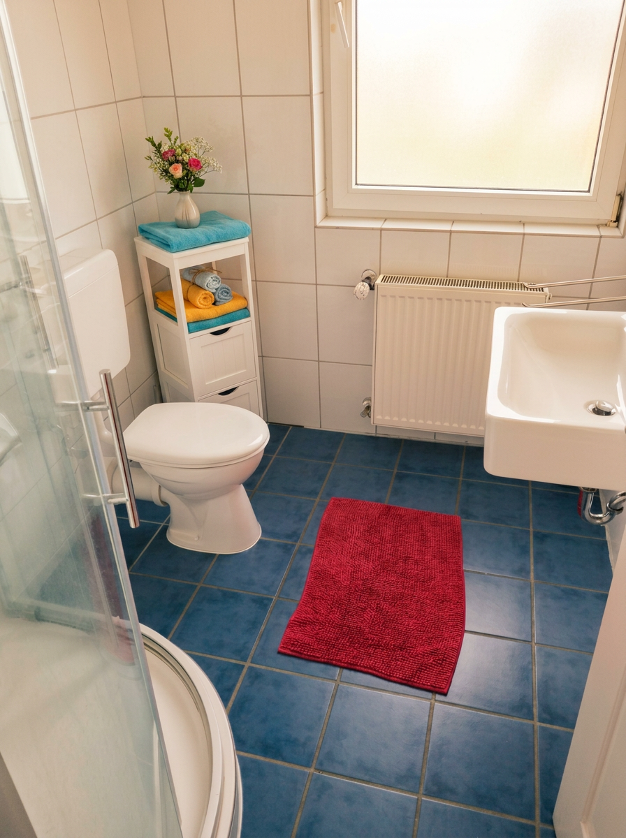 Badezimmer im Hühnerstall mit Dusche, Waschbecken und frischen Blumen