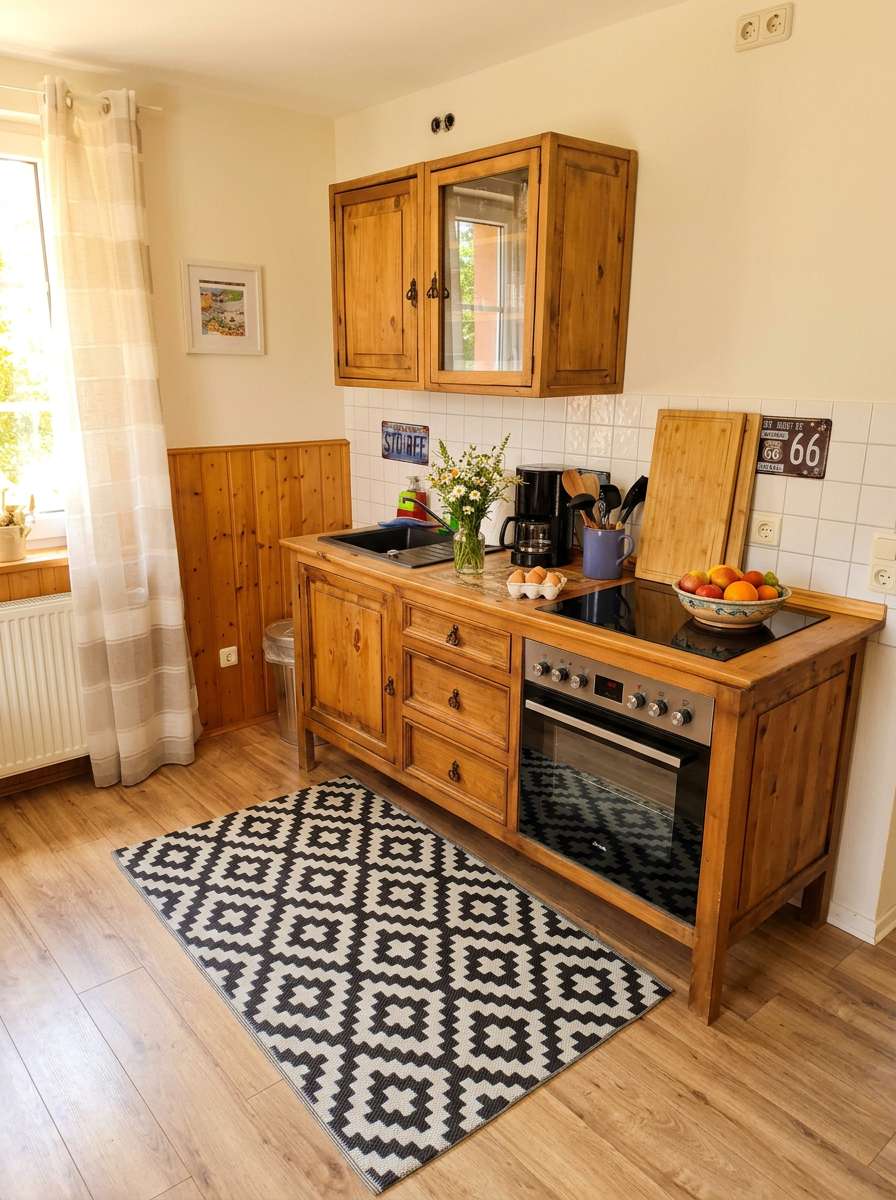 Rustikale Küche der Western-Wohnung mit Backofen, Kochfeld und Route-66-Deko