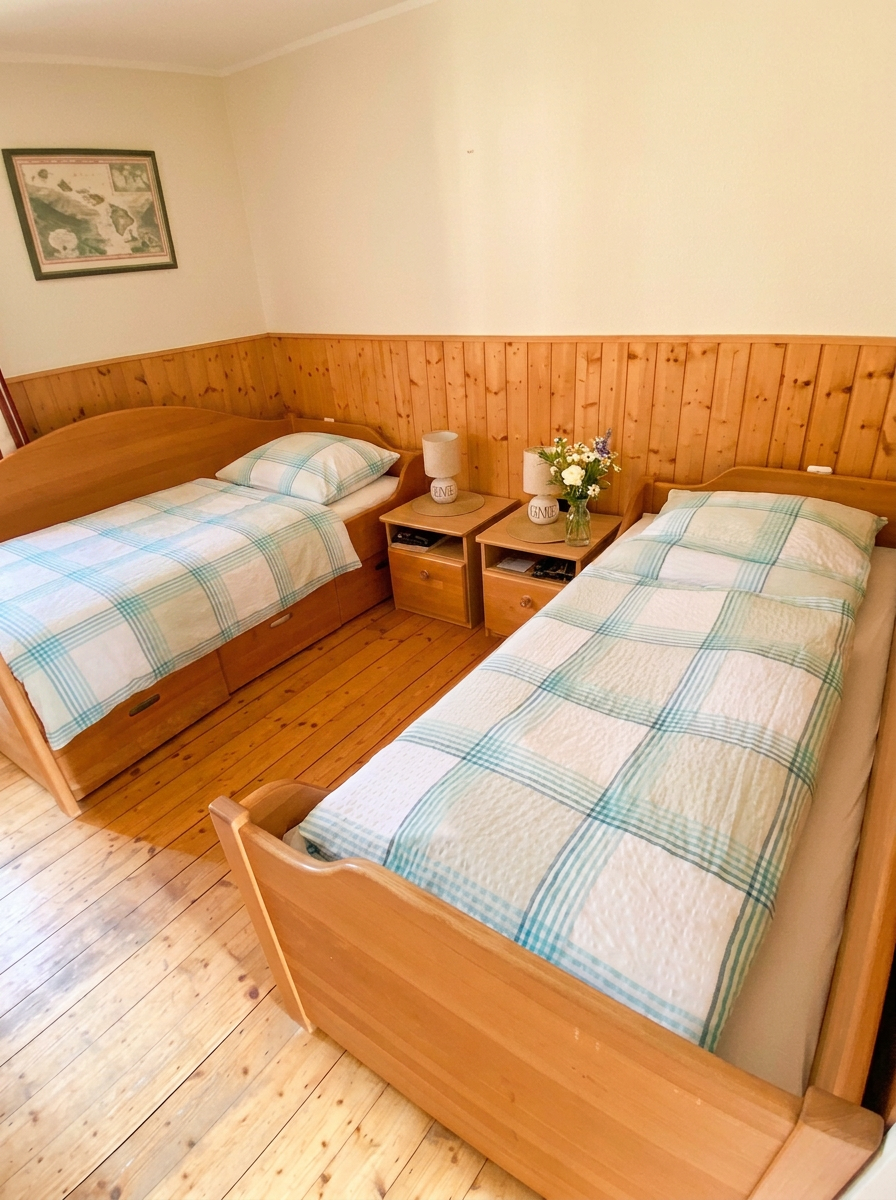 Schlafzimmer der Western-Wohnung mit zwei frisch bezogenen Betten