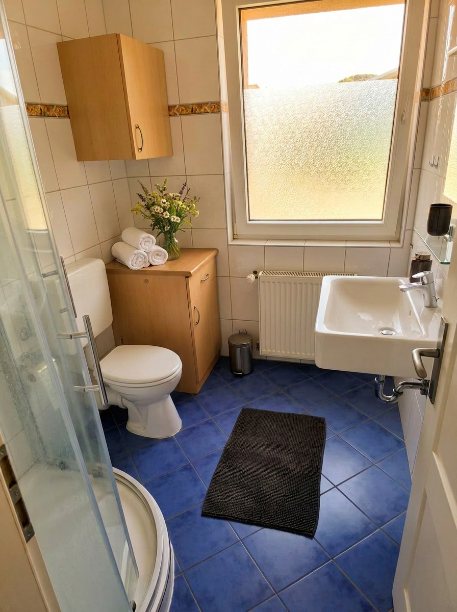 Helles Duschbad der Western-Wohnung mit Dusche, Waschbecken und frischen Handtüchern